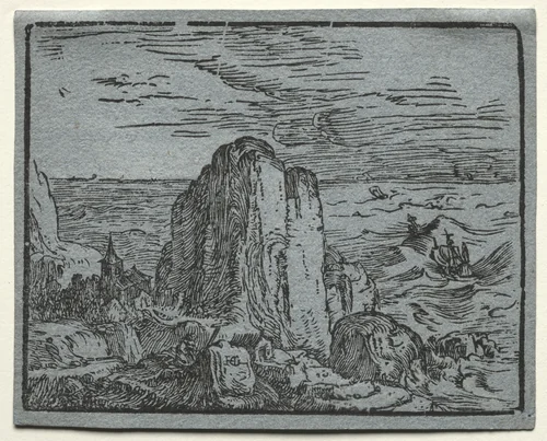 Four Small Landscapes: No.4, Cliff on the Seashore by Hendrick Goltzius, print, 1595-1605