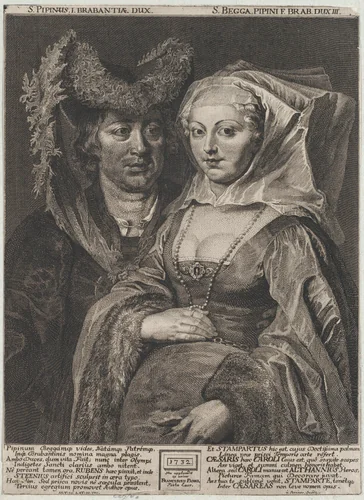 Saint Pepin I and his daughter, Saint Begga by Anton Joseph von Prenner, print, 1732