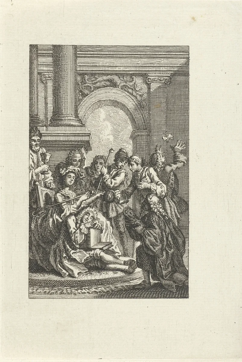 Slapende man omringd door figuren by anonymous, print, 1702-1817