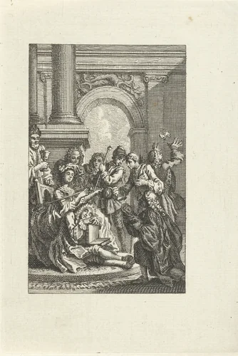 Slapende man omringd door figuren by anonymous, print, 1702-1817