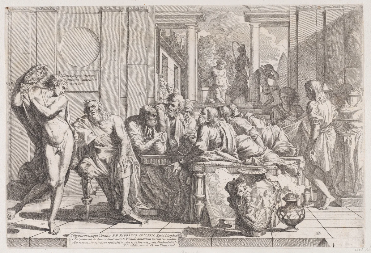 Plato's symposium: Socrates and his companions seated around a table discussing ideal love interruputed by Acibiades at left by Pietro Testa, print, 1600-1650