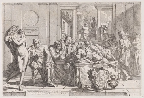 Plato's symposium: Socrates and his companions seated around a table discussing ideal love interruputed by Acibiades at left by Pietro Testa, print, 1600-1650