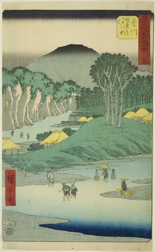 Kakegawa: Crossing the Forty-eight Rapids on the Akiba Road (Kakegawa, Akiba michi shijuhachi segoe), no. 27 from the series "Famous Sights of the Fifty-three Stations (Gojusan tsugi meisho zue)," also known as the Vertical Tokaido by Utagawa Hiroshige (歌川広重), print, 1855