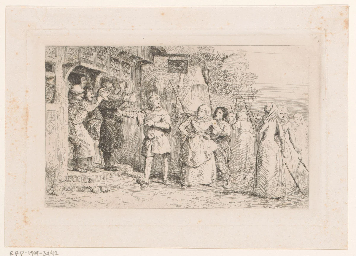 Menigte vrouwen voor een herberg met drinkers by Adolphe Alexandre Dillens, print, 1861