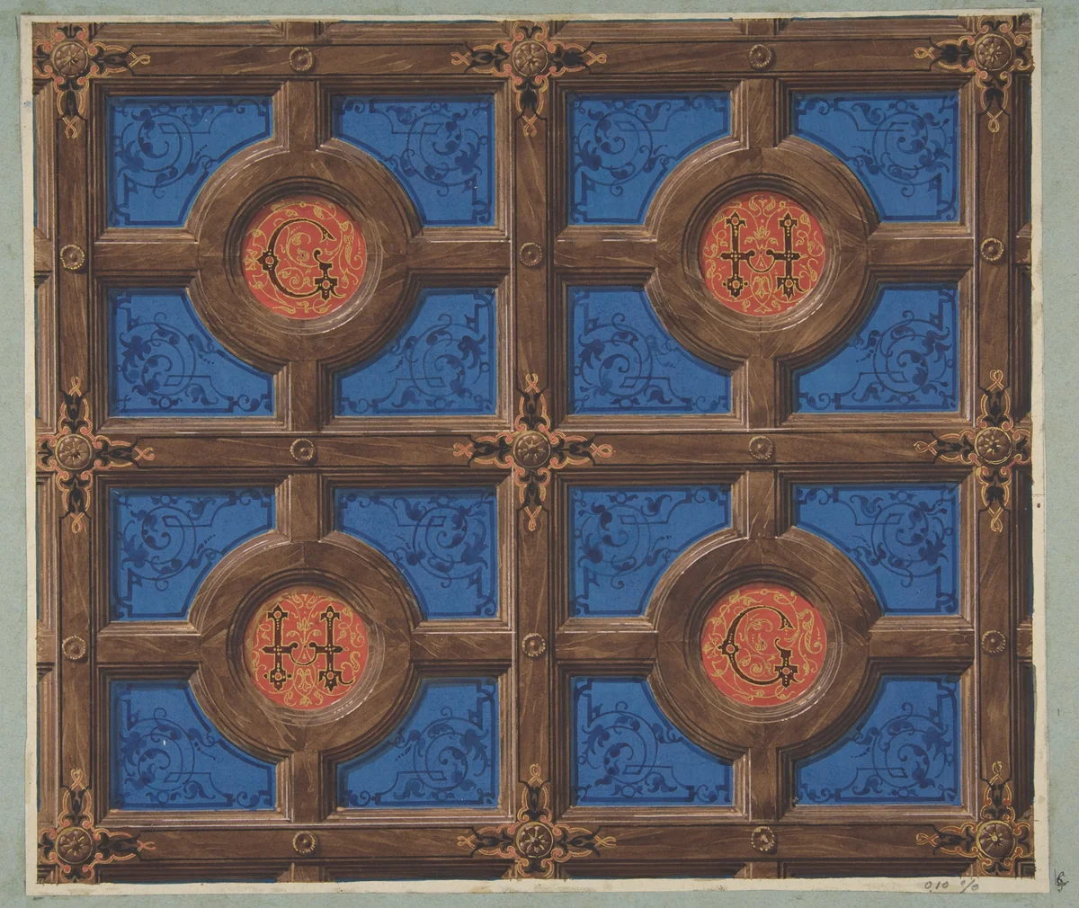 Design for the painted decoration of a coffered ceiling incorporating initials (G and H) for a house on the rue de Clichy by Jules-Edmond-Charles Lachaise, drawing, 1830-1897