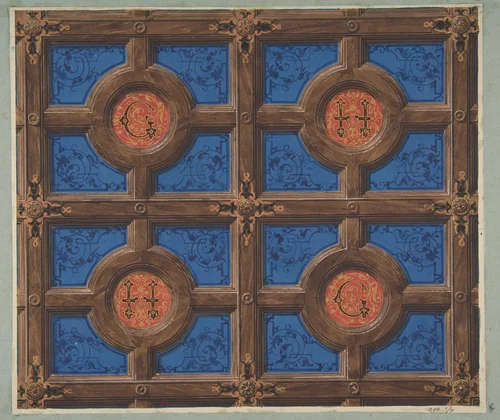 Design for the painted decoration of a coffered ceiling incorporating initials (G and H) for a house on the rue de Clichy by Jules-Edmond-Charles Lachaise, drawing, 1830-1897
