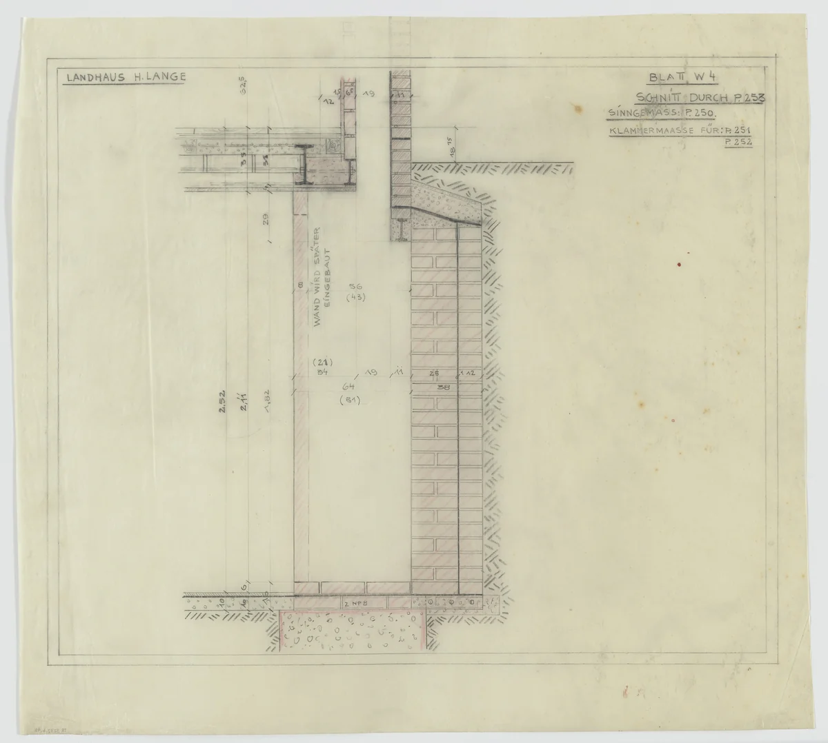 Hermann Lange House, Krefeld, Germany (Section; wall, structural detail.) by Ludwig Mies van der Rohe, mies van der rohe archive, 1927