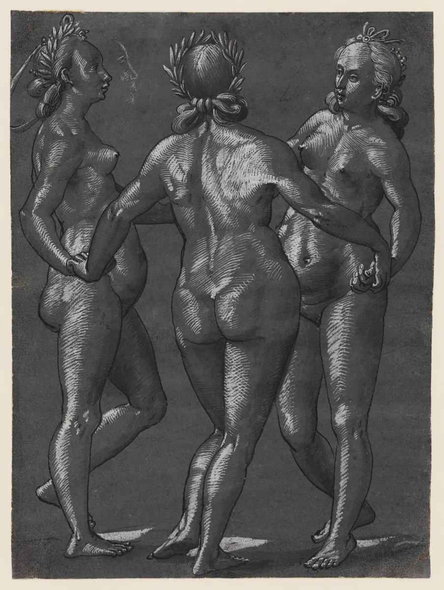 The Three Graces (recto); Four putti engaging in various activities (verso) by Christoph Murer, drawing, 1580-1589
