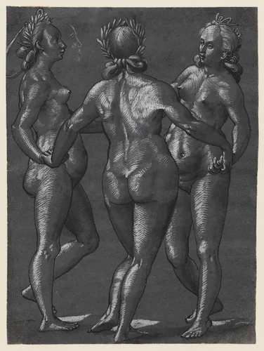 The Three Graces (recto); Four putti engaging in various activities (verso) by Christoph Murer, drawing, 1580-1589