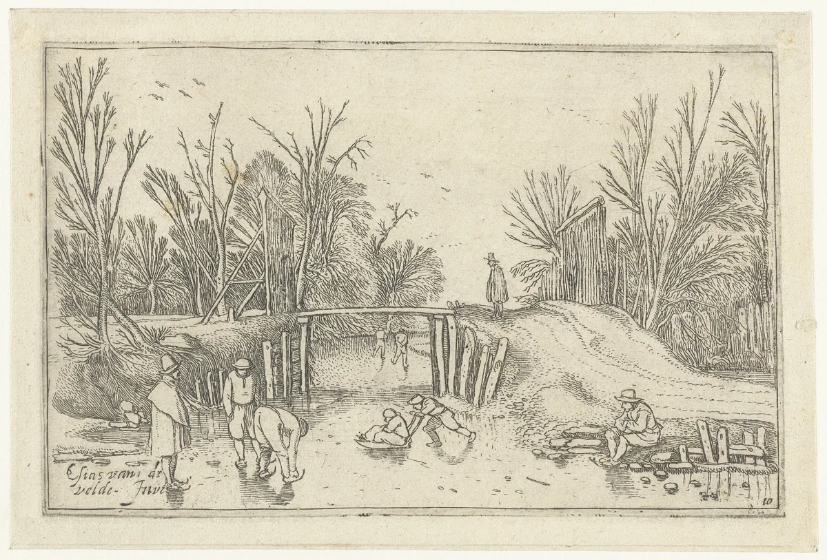 Schaatsers voor een houten brug by anonymous, print, 1614-1680