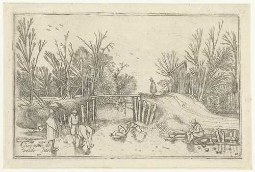 Schaatsers voor een houten brug by anonymous, print, 1614-1680