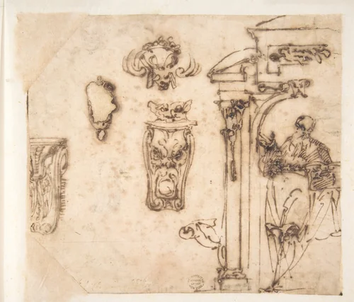 A Figure and Some Architectural Details. by Michelangelo Buonarroti, drawing, 1475-1564