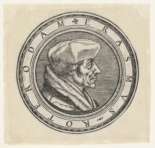 Portret van Erasmus by Hans Holbein, print, 1533