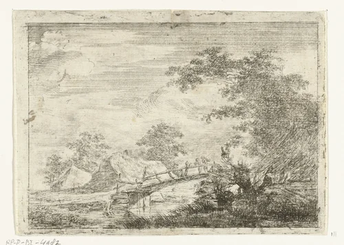 Houten brug bij huizen by Hermanus van Brussel, print, 1800-1815