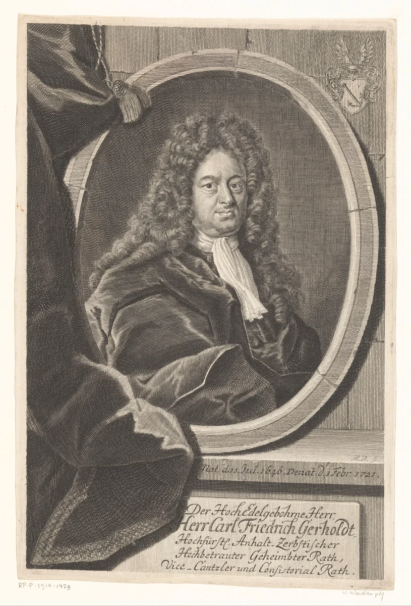 Portret van Carl Friedrich Gerhold by Martin Bernigeroth, print, 1721-1733