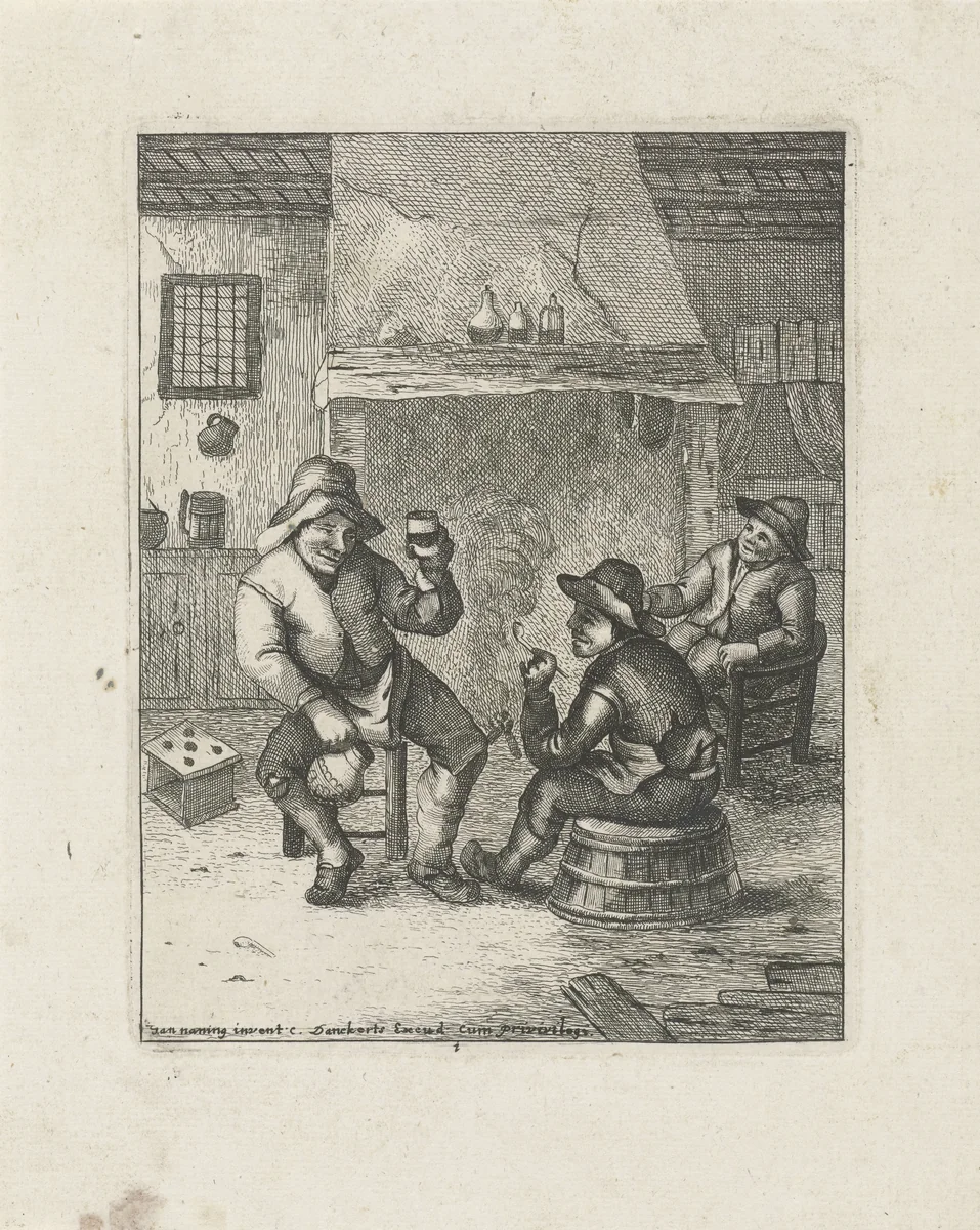 Drie boeren bij de haard by Jan Naning, print, 1650-1699