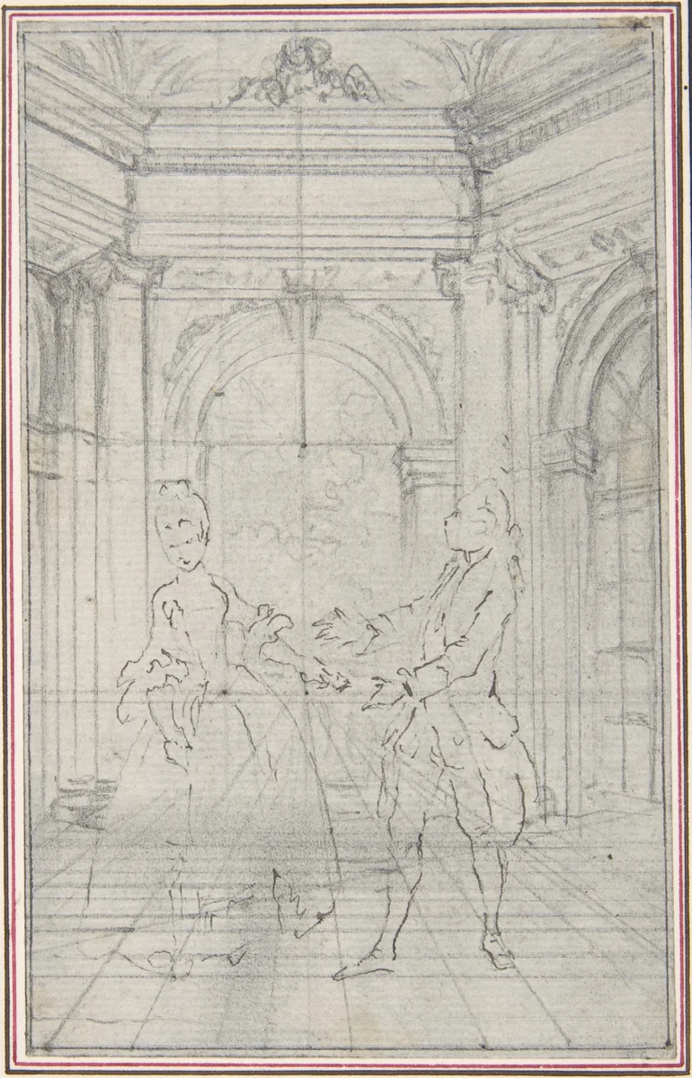 Design for a Scene in Pierre de Laujon's "L'Amoureux de quinze ans, ou la Double-Fête..." by Hubert François Gravelot, drawing, 1766-1776