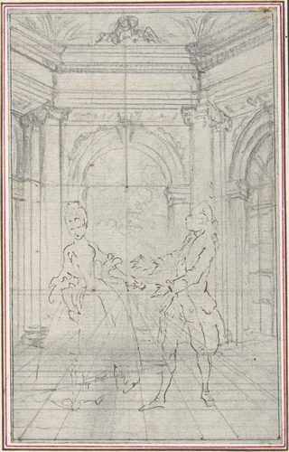 Design for a Scene in Pierre de Laujon's "L'Amoureux de quinze ans, ou la Double-Fête..." by Hubert François Gravelot, drawing, 1766-1776