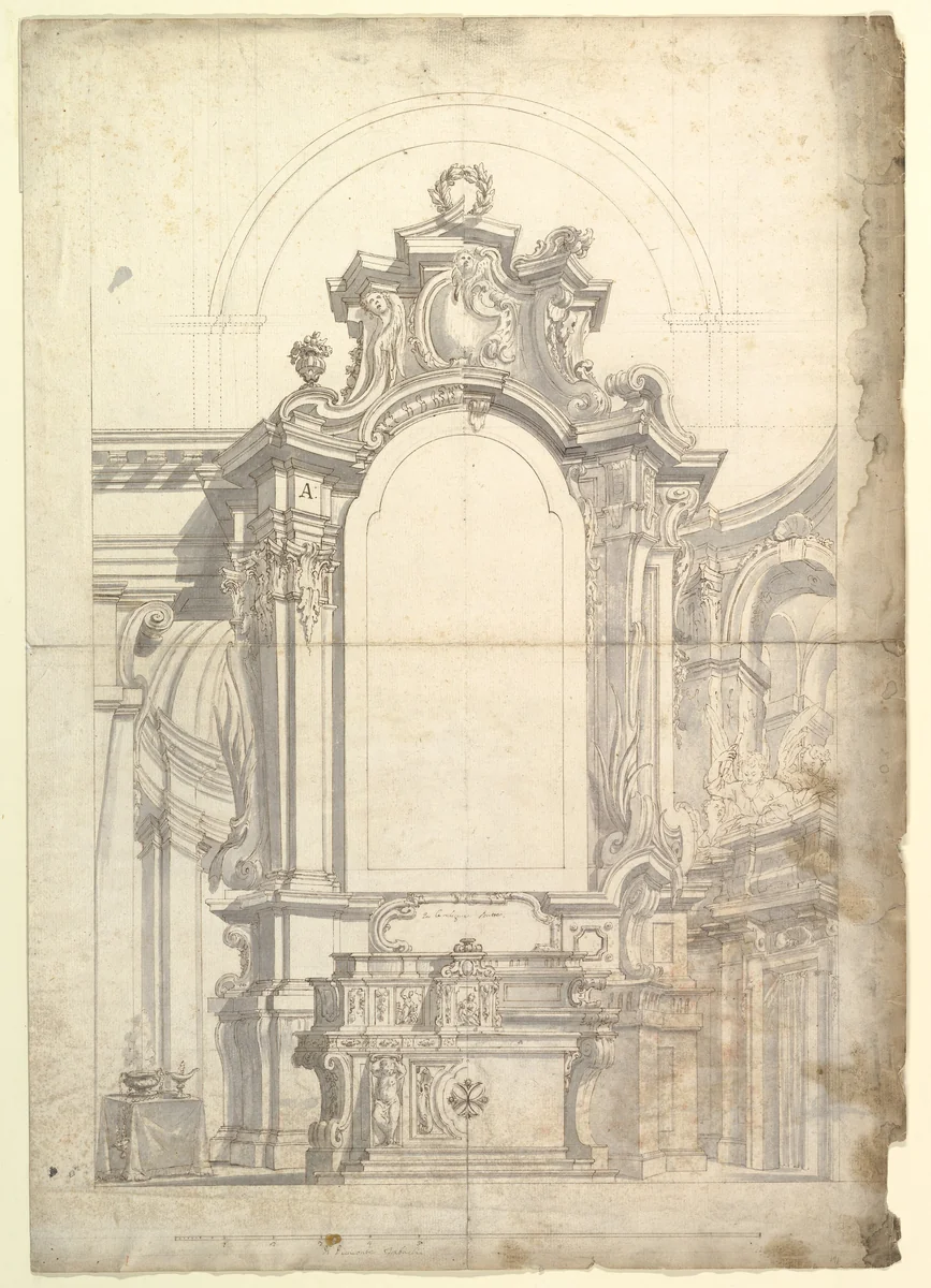 Two One Half Variant Designs for an Altar and a Chapel by anonymous, drawing, 1700-1780