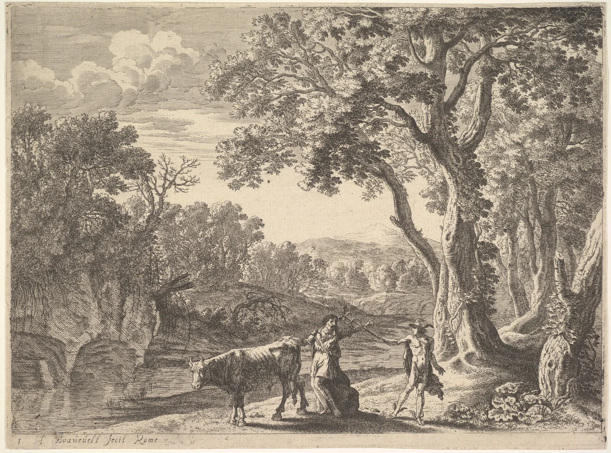 Mercury Turning Battus to Stone by Herman van Swanevelt, print, 1620-1690