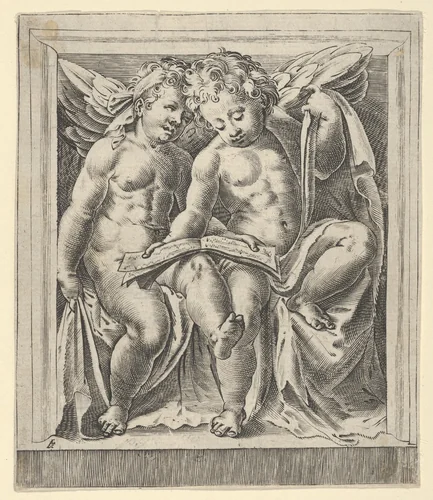 Two seated angels, facing left, reading from a song book, from The Angels' Concert by Cherubino Alberti, print, 1583-1700