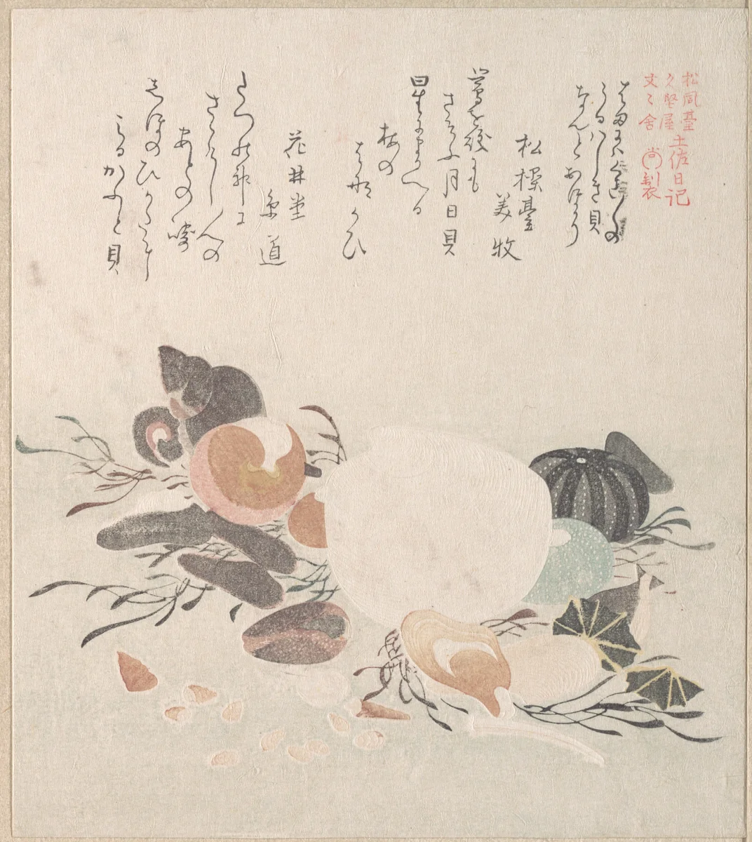 Various Shells with Sea Weeds by Kubo Shunman (窪俊満), print, 1800-1899