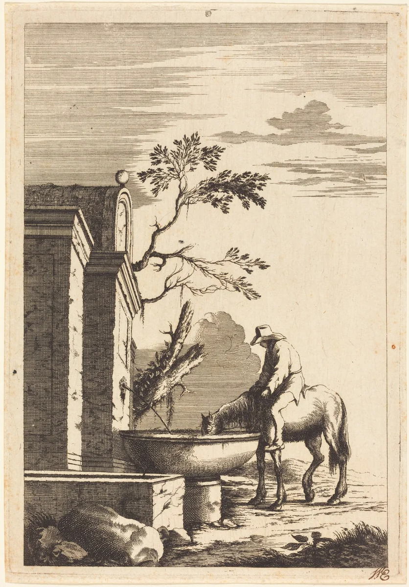 Horse and Rider at a Fountain by Bernhard Zaech; Jonas Umbach, print, 1570-1710