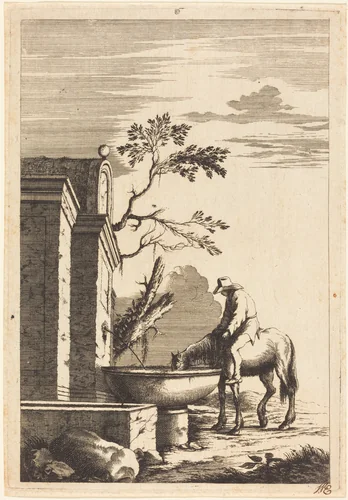 Horse and Rider at a Fountain by Bernhard Zaech; Jonas Umbach, print, 1570-1710