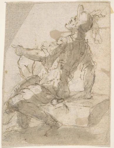 Startled Figure of a Soldier Seated on a Block by anonymous, drawing, 1600-1700