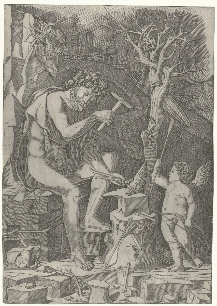 Vulcanus smeedt de vleugel van Cupido by Unknown, print, 1490-1520