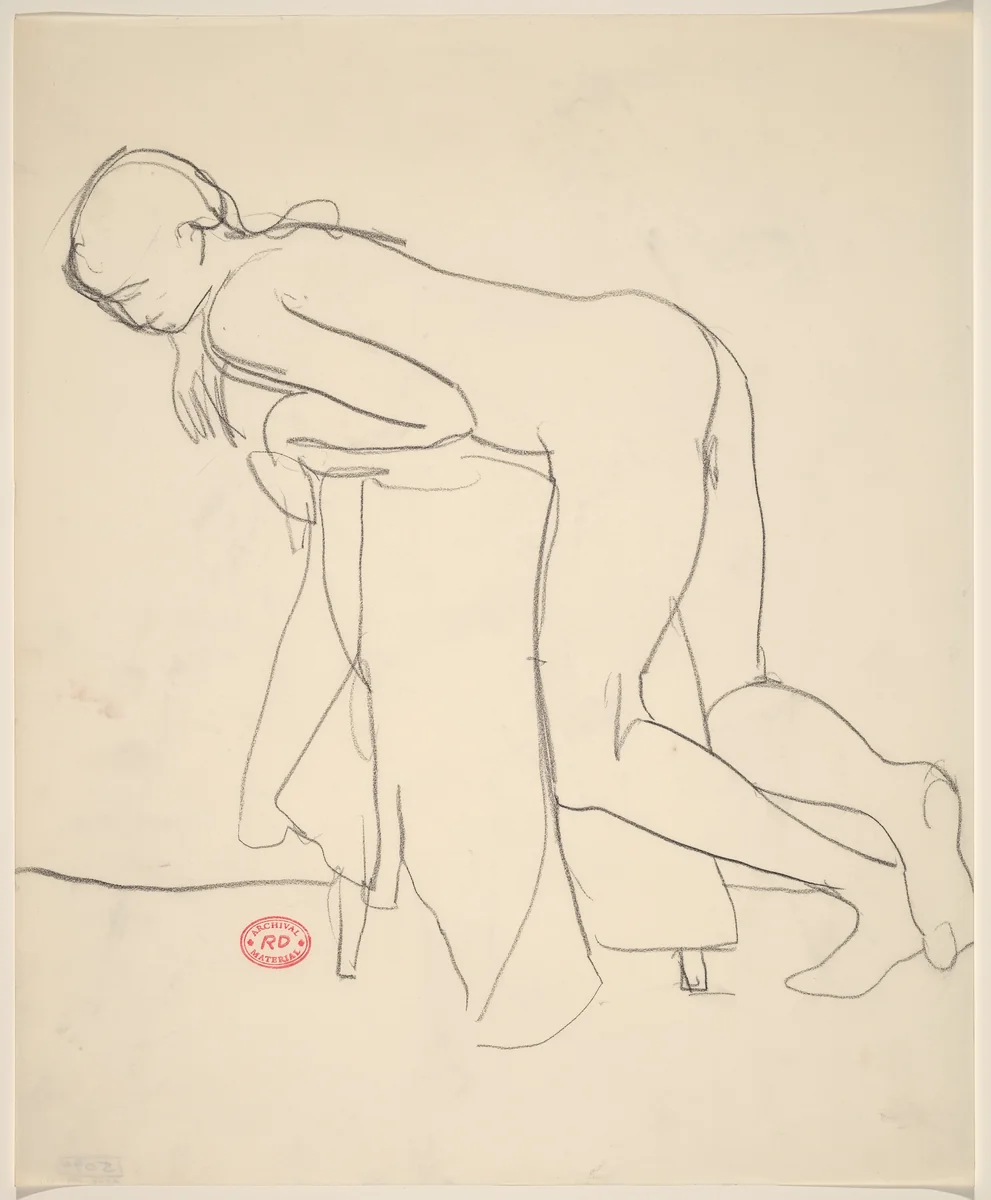 Untitled [female nude leaning over a draped stool] by Richard Diebenkorn, drawing, 1955-1967