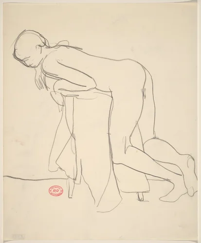 Untitled [female nude leaning over a draped stool] by Richard Diebenkorn, drawing, 1955-1967