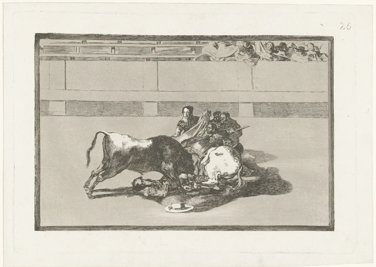 Een picador is van zijn paard gestoten en ligt onder de stier by Francisco de Goya, print, 1811-1816