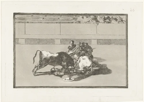 Een picador is van zijn paard gestoten en ligt onder de stier by Francisco de Goya, print, 1811-1816