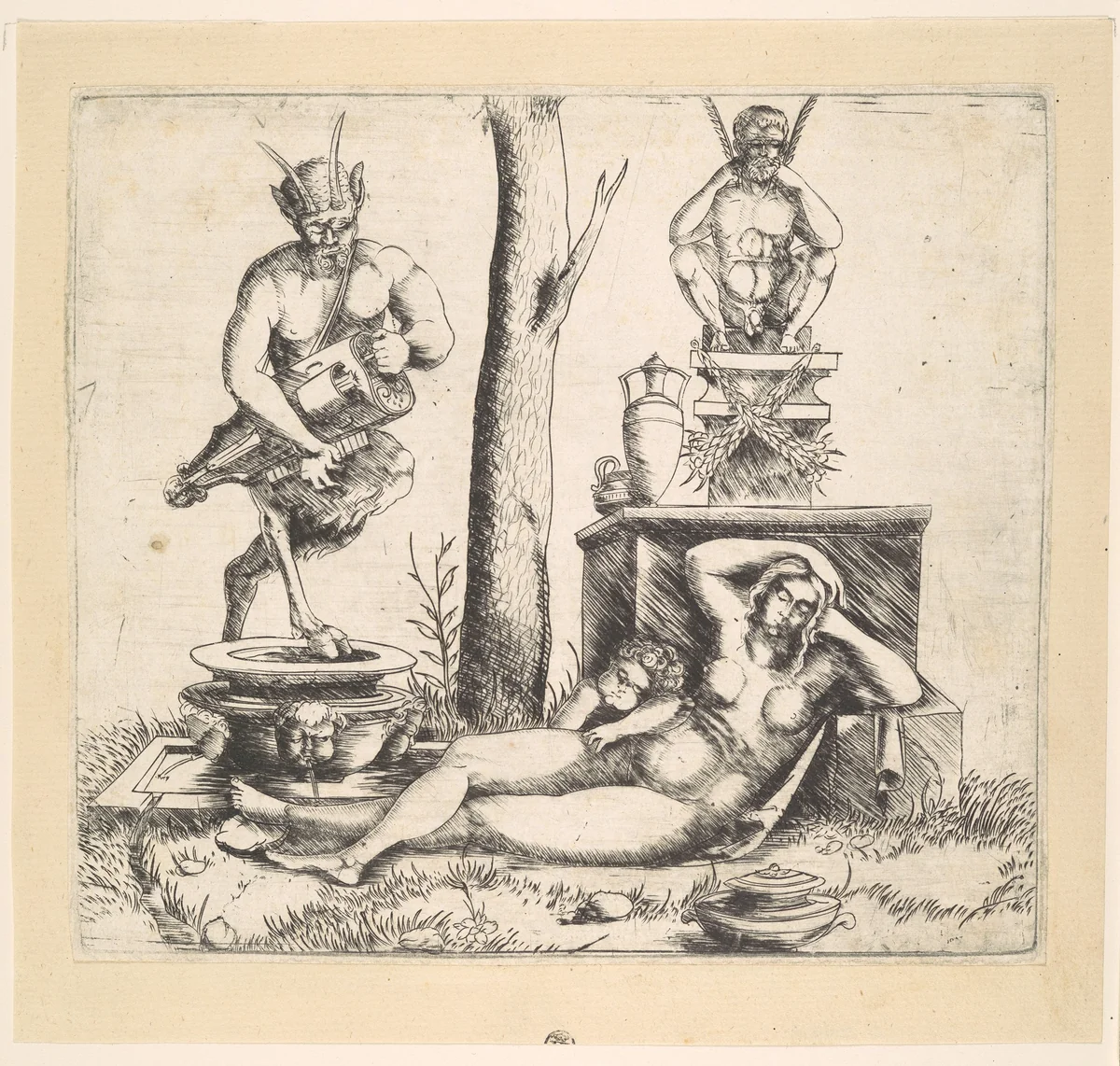 Satyr playing a lyre and a sleeping nymph by Master of 1515, print, 1505-1525