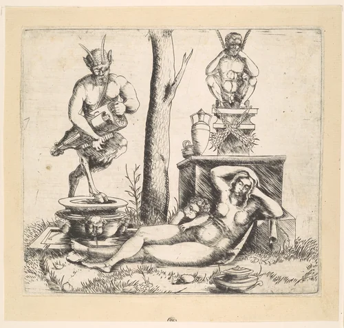 Satyr playing a lyre and a sleeping nymph by Master of 1515, print, 1505-1525