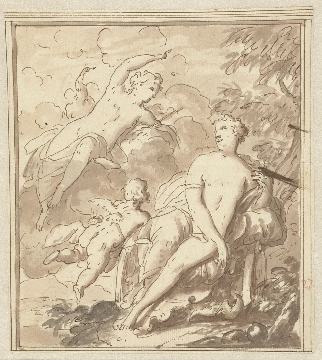 Juno bij Venus in haar strijdwagen met Cupido by Mattheus Terwesten, drawing, 1600-1604