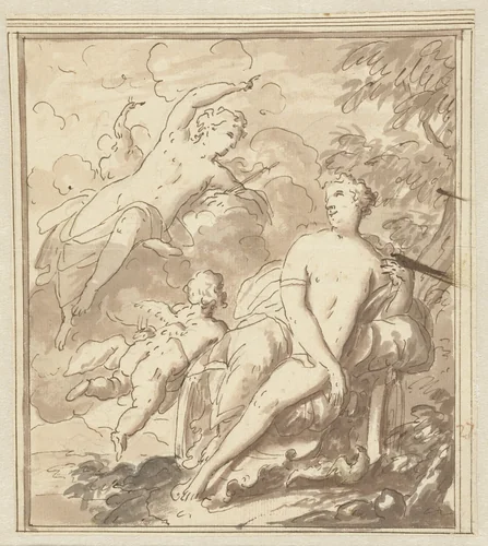Juno bij Venus in haar strijdwagen met Cupido by Mattheus Terwesten, drawing, 1600-1604