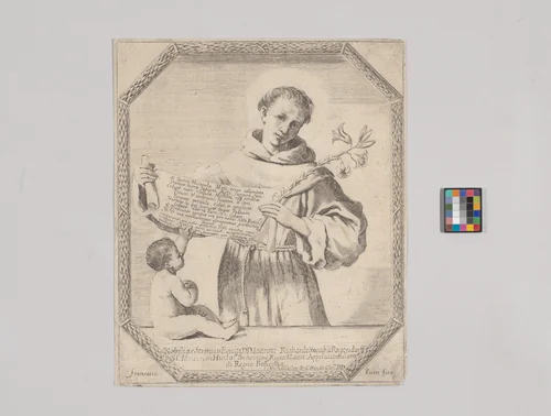 Saint Anthony of Padua holding a lily and a scroll, with an infant at lower left by Francesco Curti, print, 1633-1670