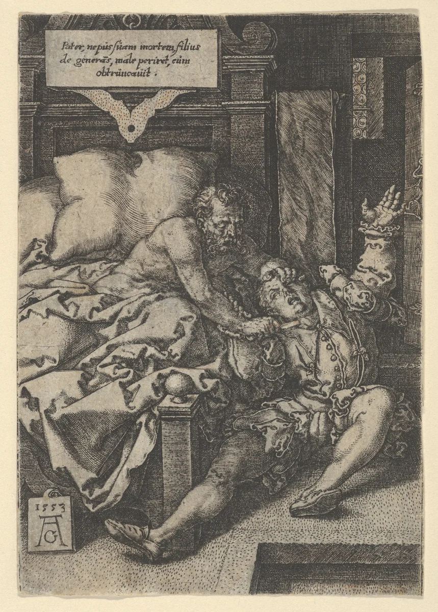 Judge Herkinbald (Archambauld) Stabbing His Nephew by Heinrich Aldegrever, print, 1553