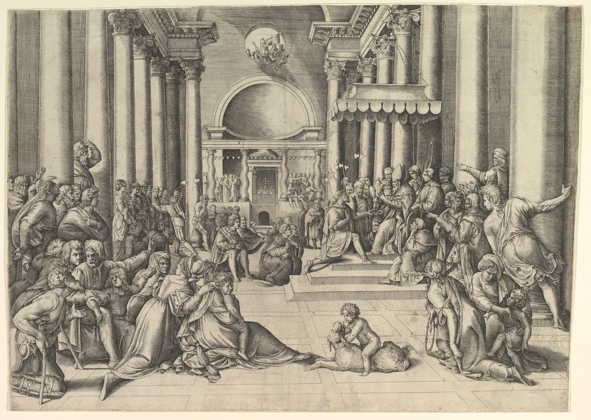 Constantine Presenting the City of Rome to the Holy See, at right, many spectators throughout, a child playing with a dog in the foreground by Battista Franco, print, 1525-1566