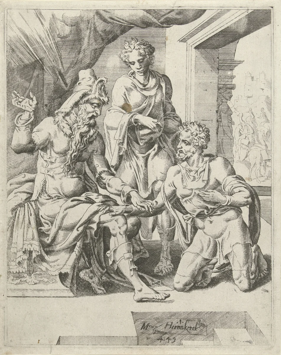 Eliëzer belooft dat hij een vrouw voor Isaak zal vinden by Unknown, print, 1549