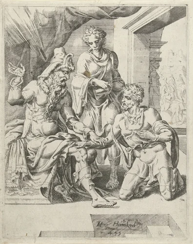 Eliëzer belooft dat hij een vrouw voor Isaak zal vinden by Unknown, print, 1549