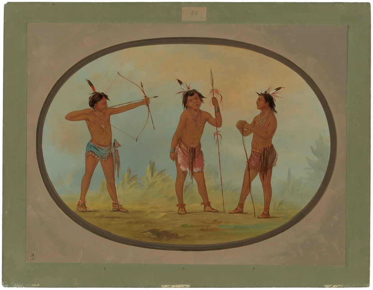 Three Shoshonee Warriors Armed for War by George Catlin, painting, 1861-1869