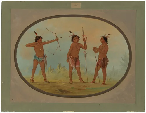 Three Shoshonee Warriors Armed for War by George Catlin, painting, 1861-1869