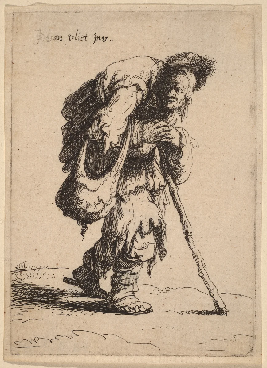 Beggar Carrying a Woman on His Back by Johannes van Vliet, print, 1632