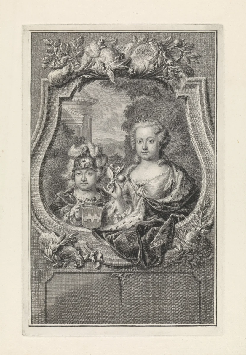 Portret van prins Willem V en prinses Carolina van Oranje-Nassau als kinderen by Pieter Tanjé, print, 1751