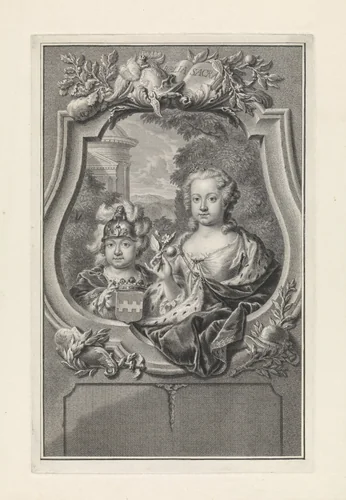 Portret van prins Willem V en prinses Carolina van Oranje-Nassau als kinderen by Pieter Tanjé, print, 1751