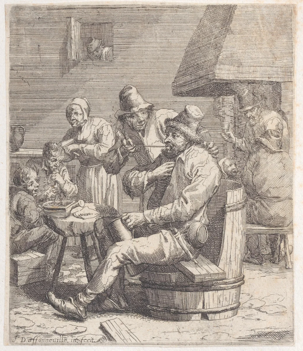 Nine peasants in a rustic interior with, with a man putting a pipe into the mouth of a seated man by Jacques Dassonville, print, 1635-1675