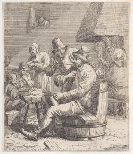 Nine peasants in a rustic interior with, with a man putting a pipe into the mouth of a seated man by Jacques Dassonville, print, 1635-1675